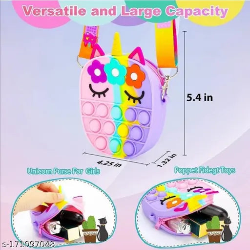 A colorful unicorn-themed silicone crossbody sling bag for girls, with a clear side pocket and adjustable straps