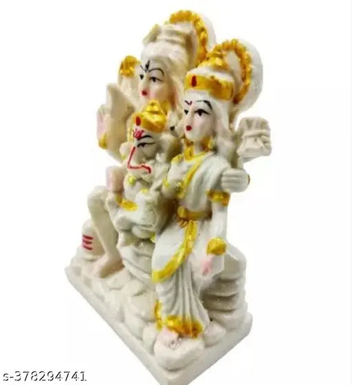 White and gold marble Shiva Parvati Ganesh idol statue for home decor or office temple
