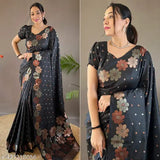 Black, jacquard, silk saree, unstitched blouse, zari woven work, Banarasi