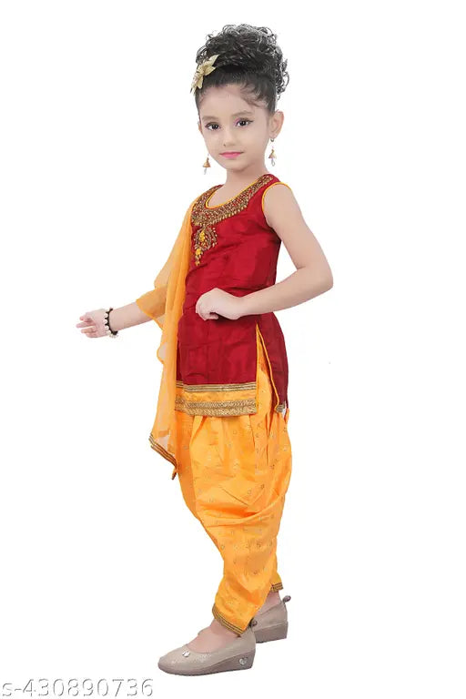 Cotton silk fancy kurta set with dupatta, self-design pattern, suitable for all seasons. Calf length and sleeveless, available in sizes from 2-3 years to 11-12 years. Made in India." (109 characters)