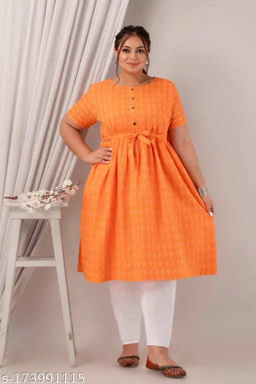Orange cotton kameez, crew neck, long sleeves