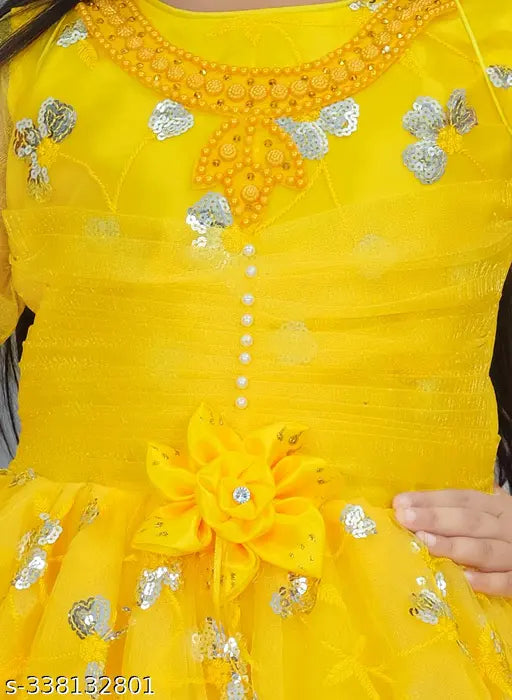 Yellow embellished net Pari frock, ideal for parties & events, hand wash recommended