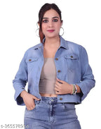 Light blue denim women's jacket, solid pattern, machine washable, durable and sturdy, regular fit for all seasons, made in India