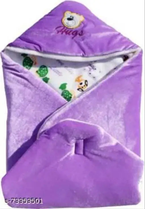 Purple polyester hooded baby blanket by First Trend, featuring a cartoon print for newborns
