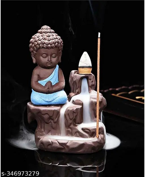 Blue Buddha BackFlow Incense Burner in red poly resin, includes 50 free cones