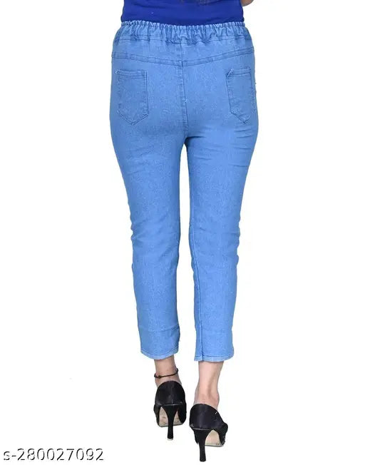 Light blue denim drawstring jeans for girls, stylish comfort and versatile print