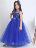 Full-length dress in a vibrant blue hue, adorned with intricate designs and lace details, suitable for children's parties or festive events