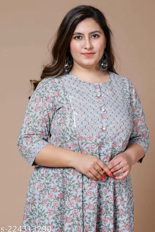 Plus size blue & pink ethnic motifs printed gotta patti anarkali kurta in cotton, three-quarter sleeves, suitable for various occasions, Indian craftsmanship