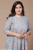 Plus size blue & pink ethnic motifs printed gotta patti anarkali kurta in cotton, three-quarter sleeves, suitable for various occasions, Indian craftsmanship