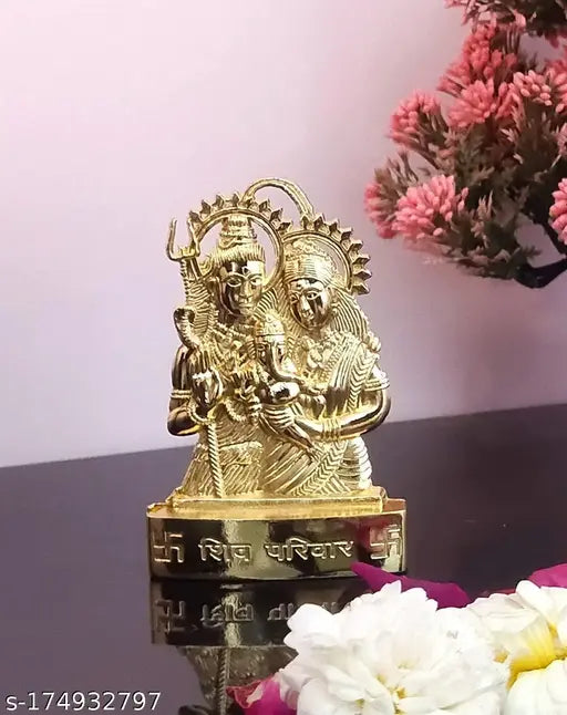 Metal Shiv parivar car dashboard temple idols: Shiv, Parvati, Ganesh figures, 7cm x 12cm, Indian origin