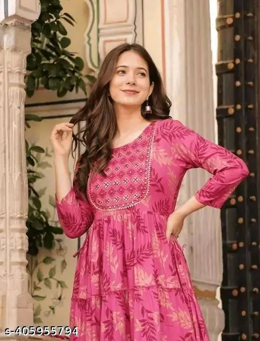 Rayon embroidered Anarkali Kurta with three-quarter sleeves and printed combo pattern. S, M, L, XL, XXL, XXXL sizes available. Indian handcrafted traditional wear