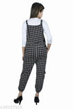Black cotton blend checkered dungaree dress with adjustable shoulder straps, ankle length, multi-colors. Great for girls' casual wear, trendy design with distress look. Made from stretchable fabric and stainless steel lock. Perfect for everyday use and weekends outings. Indian origin