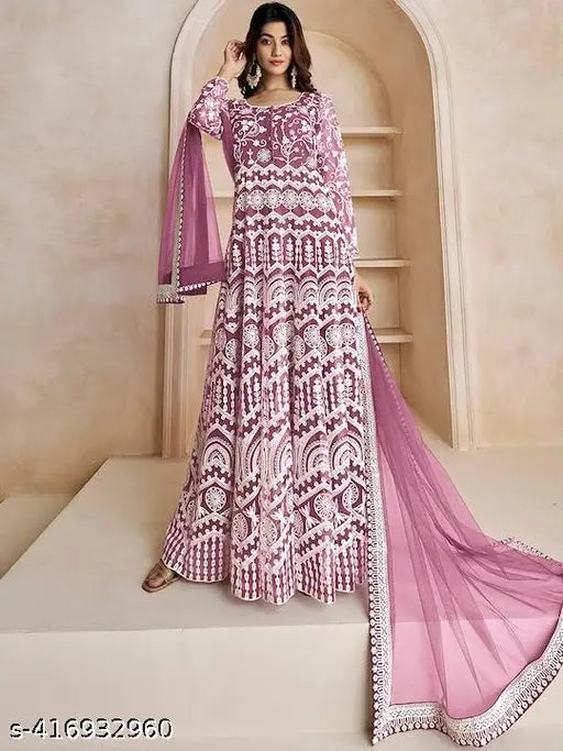Elitevibe embroidered long net gown, Indian Bollywood-style wedding dress in various sizes (S-XXL) with long sleeves and intricate design