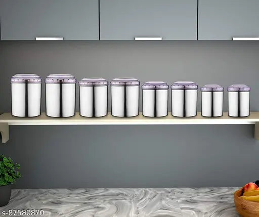 Stainless steel canister set of eight with purple lids