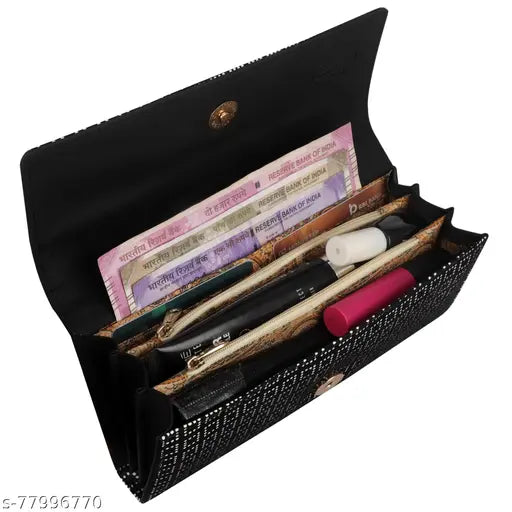 Black leather zip wallet with multiple card slots, small mirror on interior, assorted makeup brushes inside