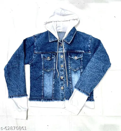 Denim dyed/washed trendy hoodie jacket for girls, long sleeves, imported from India
