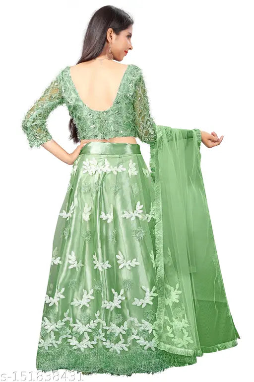 Antick net lehenga choli with embroidered aplik work, suitable for girls aged 5-6 years. Indian ethnic wear for functions and festivals