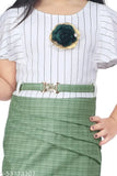Teen girl dress, pastel blue skirt, gold brooch accents