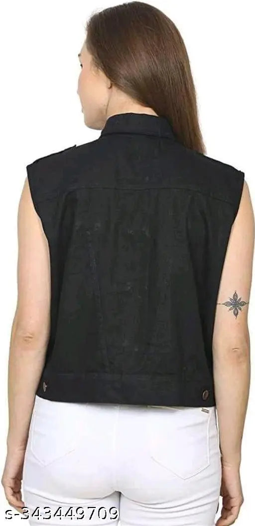 Black denim women's jacket from New Classic Enterprises, sleeveless and solid pattern, styled with metallic buttons
