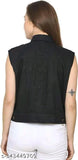 Black denim women's jacket from New Classic Enterprises, sleeveless and solid pattern, styled with metallic buttons