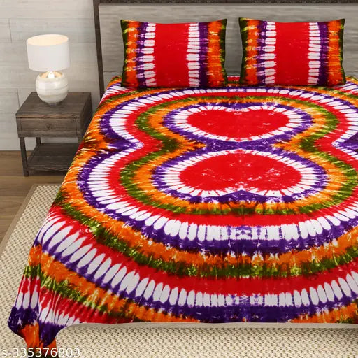 Red & white tie-dye cotton king size bedsheet with 2 pillow covers.