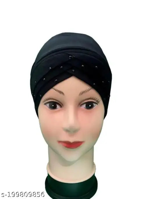 Black and white head wrap with lace trim, adjustable elastic for fit
