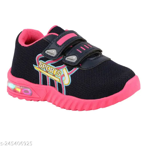 Pink and black sports shoes with LED lights on top, Velcro straps, mesh upper