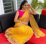 Yellow Bangalori Silk embroidered saree with separate silk blend blouse, intricate net patterns on display