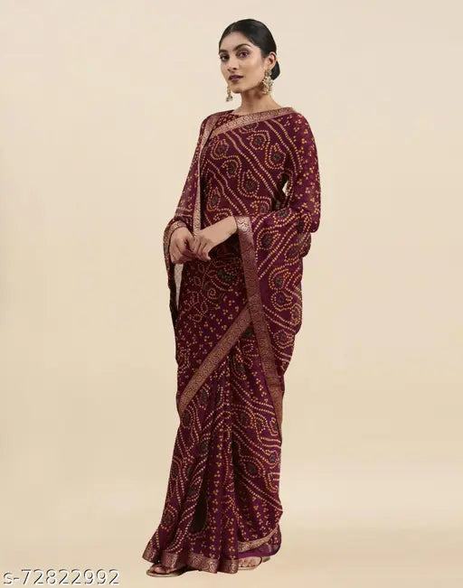 Maroon chiffon printed saree, single piece, free size, Indian origin
