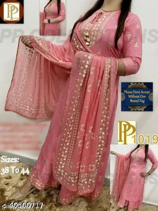 Rayon Prakhya pink printed kurta with palazzos and dupatta, three-quarter sleeves, Made in India