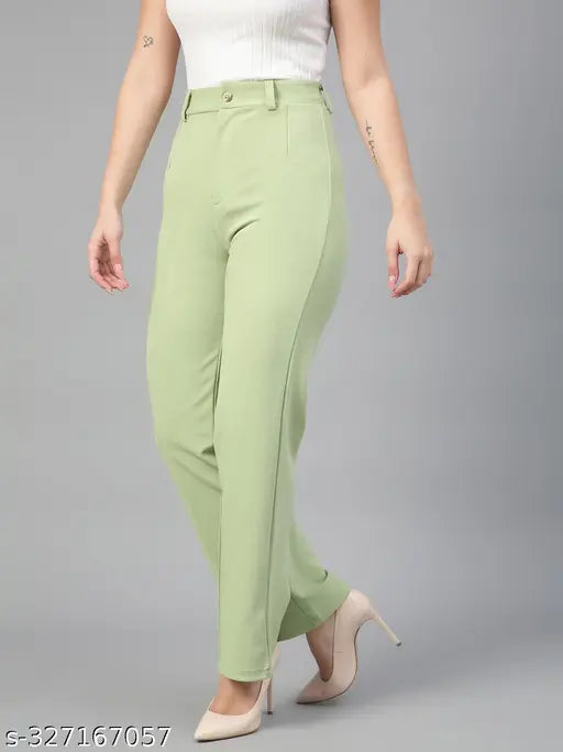 Khaki cotton blend women's regular fit trousers