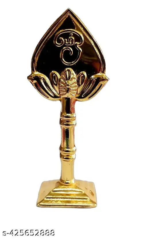 Metal Murugan vel religious idol, golden-plated white and red, traditional Indian art form on stand