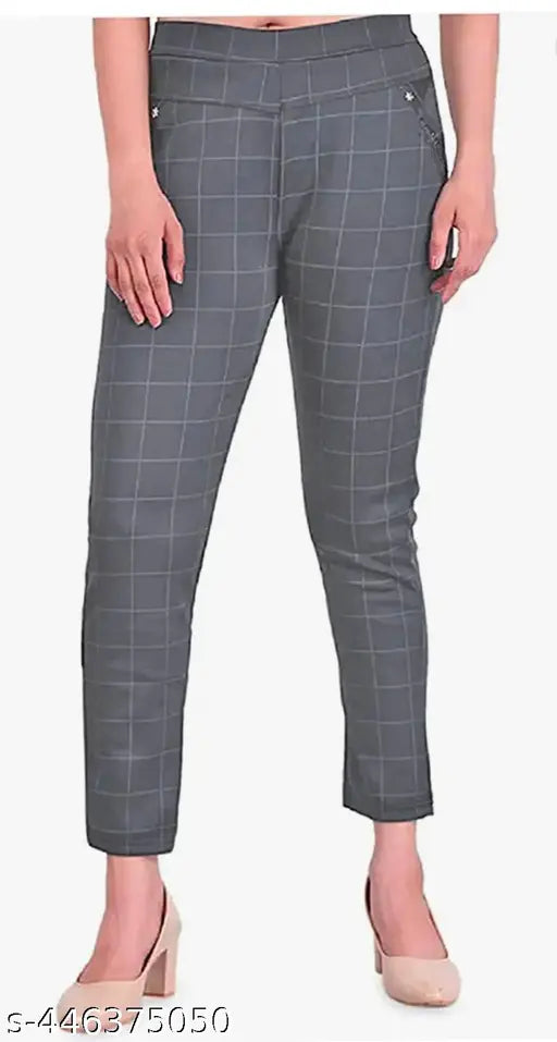 Grey maroon blue checkered net Lycra jeggings 3-pack for women with double pockets