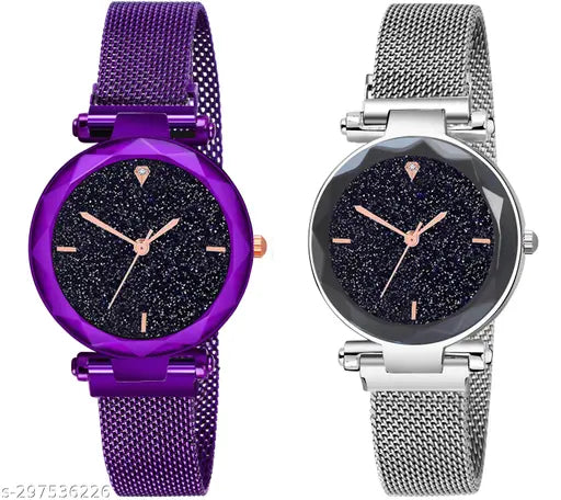 Black and white analog quartz women's wristwatch with purple face and magnetic strap