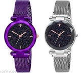 Black and white analog quartz women's wristwatch with purple face and magnetic strap