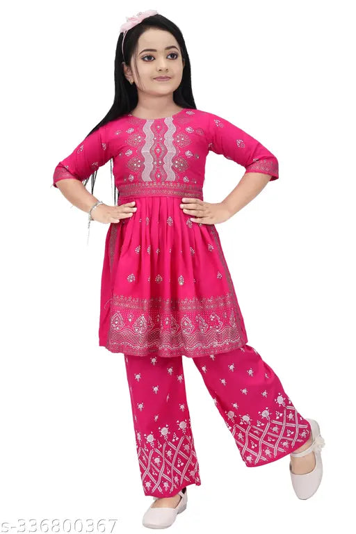 Pink Color Printed Kid Girls A-line Rayon Kurta set with Palazzos, vibrant embroidery, and short sleeves