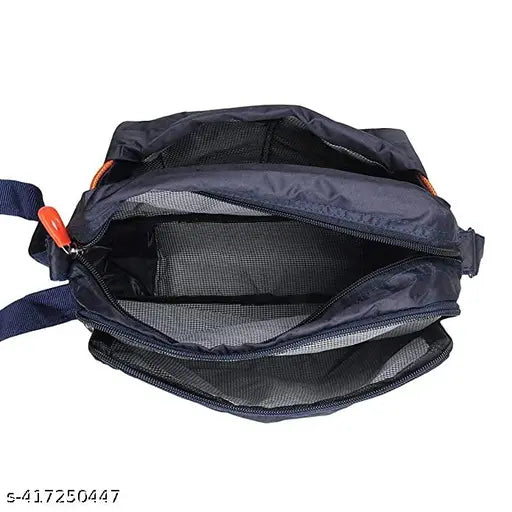 Polyester crossbody messenger bag for daily use. Black with blue straps and side pockets. 150ml volume. Slim fit design. Waterproof exterior pocket