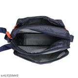 Polyester crossbody messenger bag for daily use. Black with blue straps and side pockets. 150ml volume. Slim fit design. Waterproof exterior pocket
