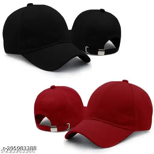 Black and red cotton baseball caps, adjustable with plastic sliders