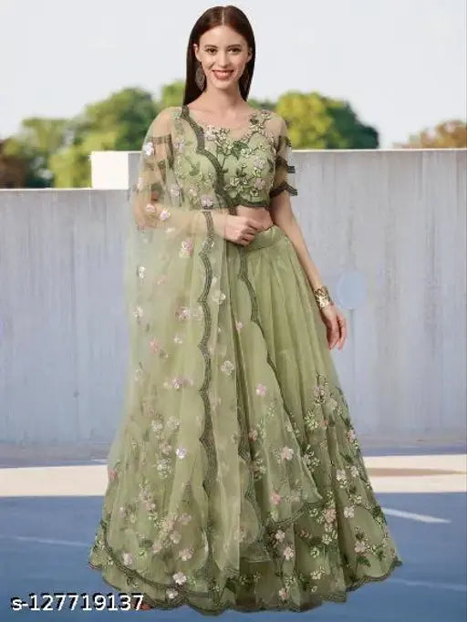 Embroidered semi-stitched green lehenga choli set, net fabric with intricate patterns on display