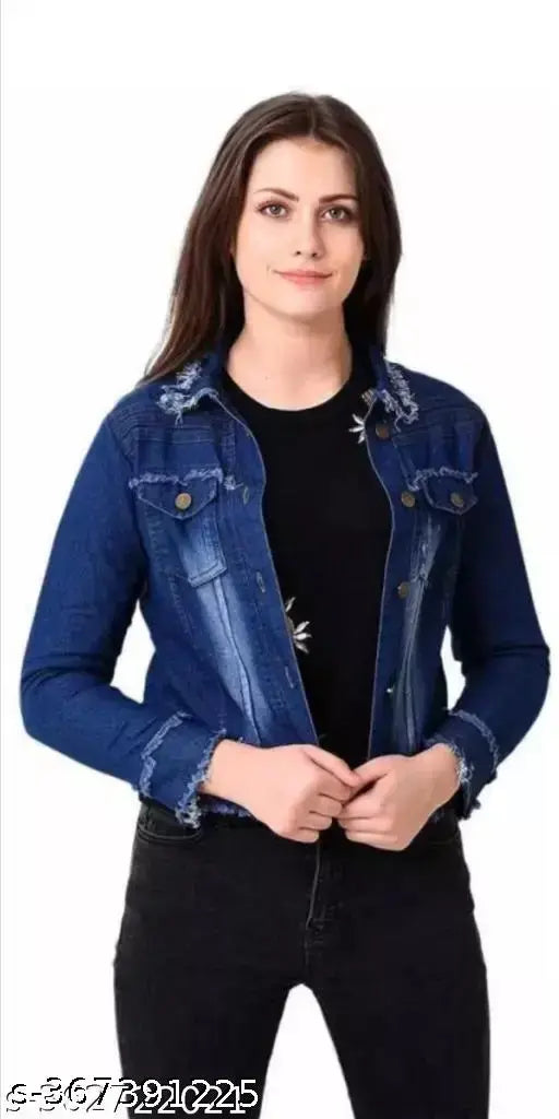 Dark blue denim jacket with black stripe, zip closure