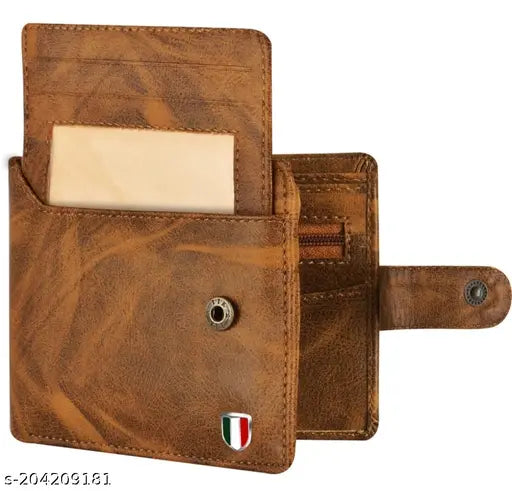 Black leather men's wallet, 5 card slot, faux leather/leatherette, solid pattern, 4 compartments, free size (10cm x 12cm)