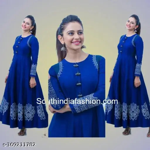 Royal blue rayon anarkali kurti with printed combo, three-quarter sleeves
