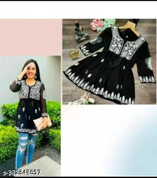 Embroidered georgette women's t-shirt, three-quarter sleeves, India-made, size S (bust 36in), popular fashion for ladies