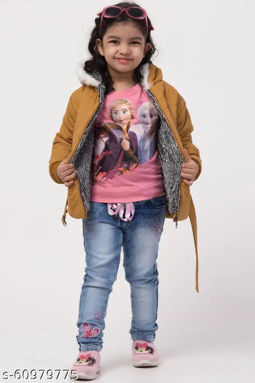 Brown and white quilted regular fit jacket for girls
