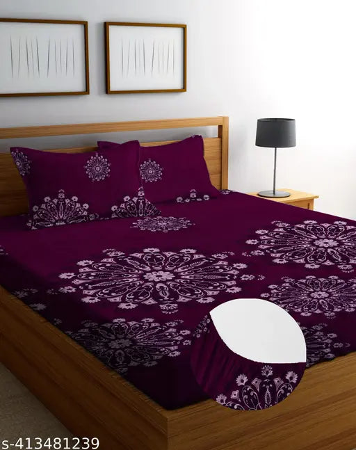 Wine-colored Glace cotton fitted bedsheets, king size with 2 pillow covers, breathable and wrinkle-free