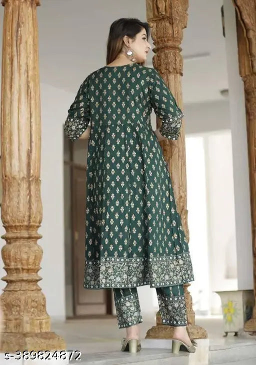 Rayon Anarkali Kurta Pant Set with Dupatta, embroidered by Laxmi Garment. High-quality printed rayon for women's fashion events