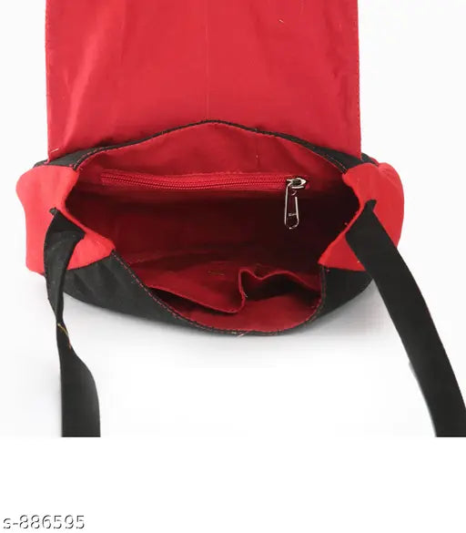 Red cotton sling bag, shoulder strap, with interior zip pocket