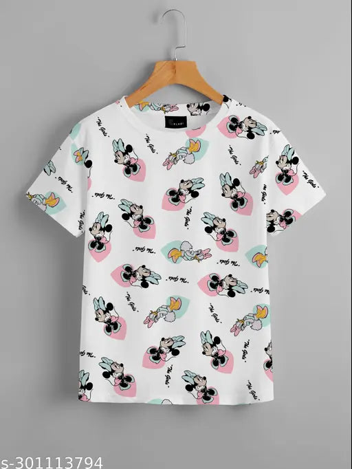 White t-shirt with colorful pattern, suitable for both regular and oversized fits