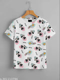 White t-shirt with colorful pattern, suitable for both regular and oversized fits